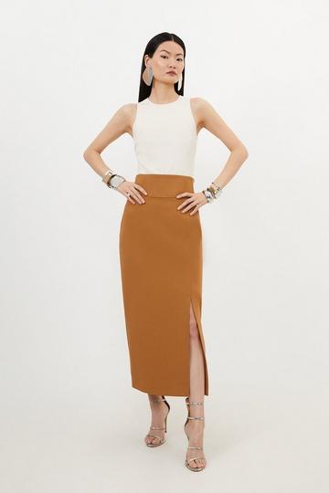 Compact Stretch Side Split Tailored Midi Pencil Skirt camel