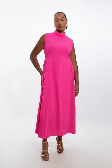 Plus Size Soft Tailored Pleated Panel Midaxi Dress hot pink