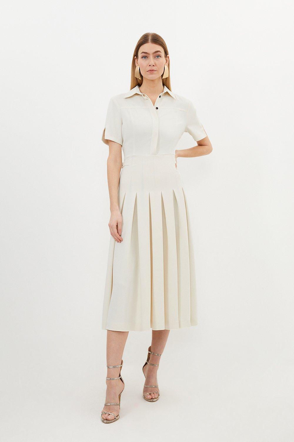 Tailored Crepe Short Sleeve Pleated Midi Dress