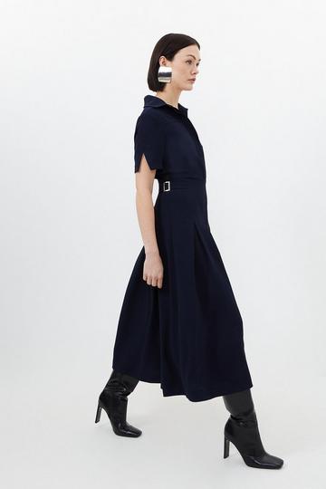 Tailored Crepe Short Sleeve Pleated Midi Dress navy