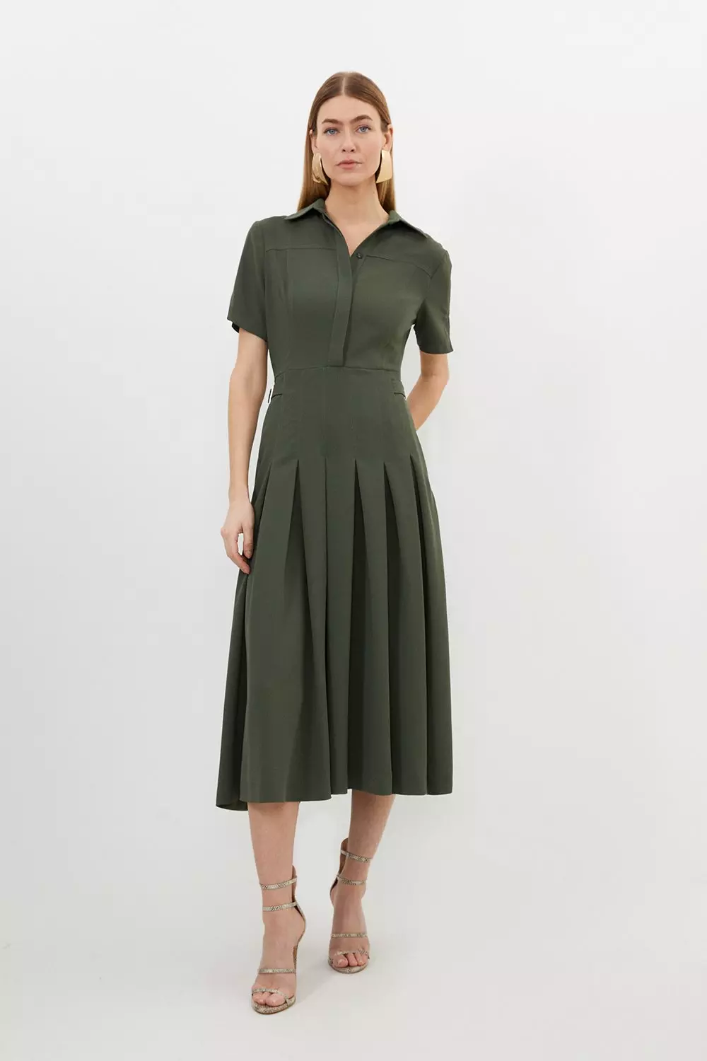 Tall Tailored Crepe Short Sleeve Pleated Midi Dress Karen Millen