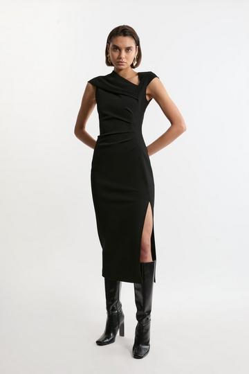 Black Structured Crepe Asymmetric Neck Midi Dress