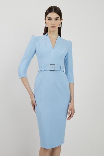 Blue Petite Structured Crepe Forever Midi Pencil Dress