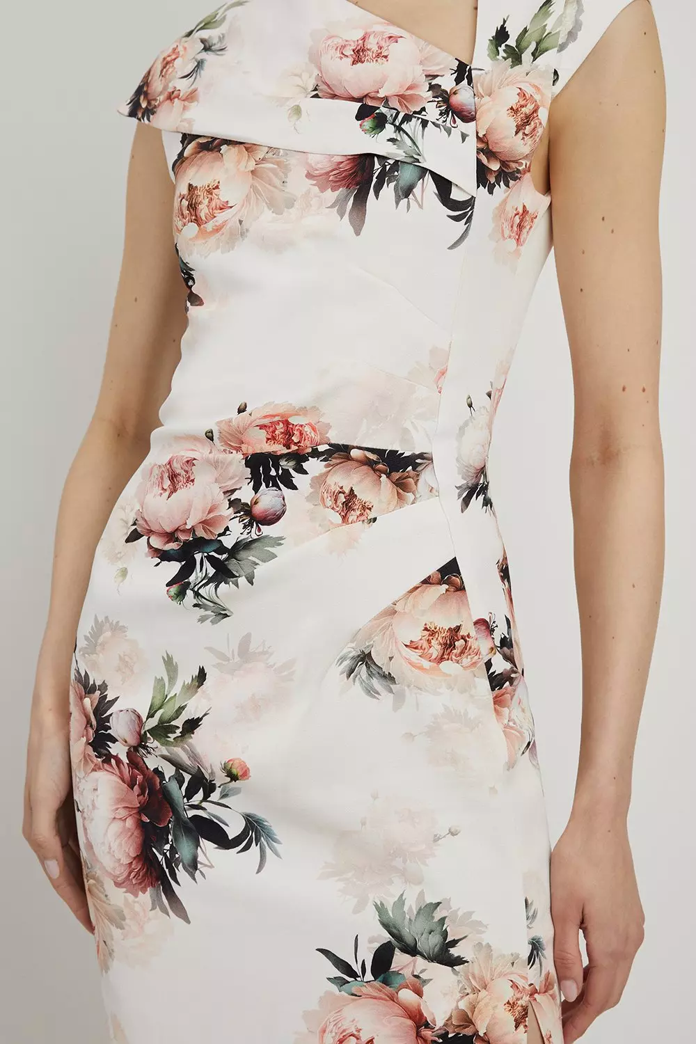 Viscose Satin Back Crepe Peony Asymmetric Neck Midi Dress