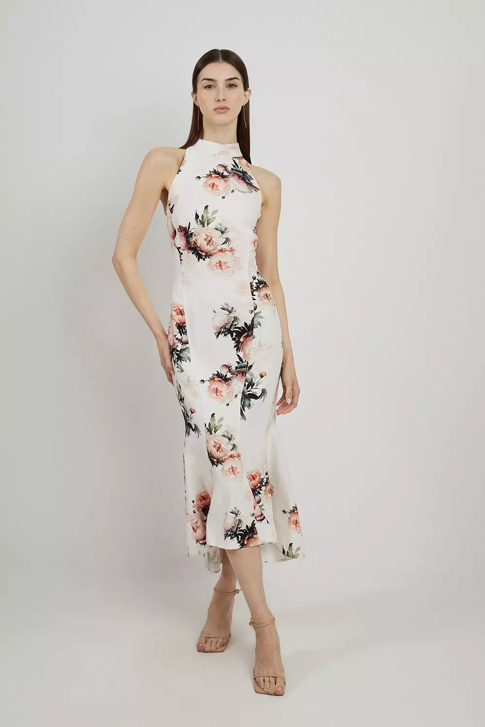 Viscose Satin Back Crepe Peony Waterfall Hem High Neck Dress Karen Millen