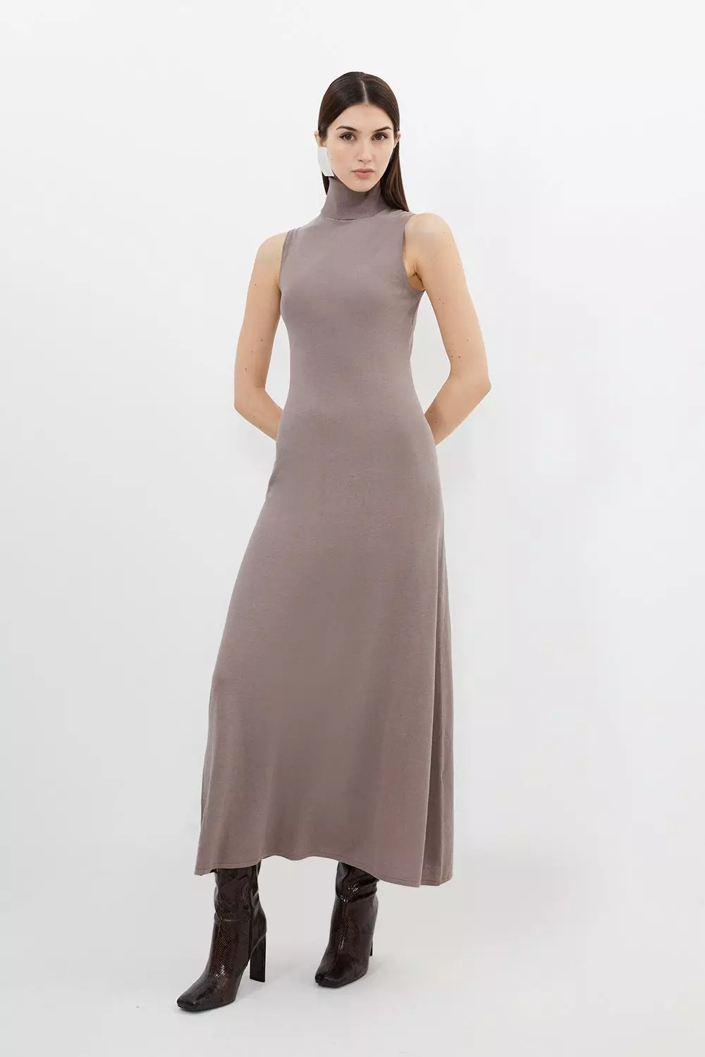 Tall Cotton Blend Knitted Turtleneck Maxi Dress Karen Millen