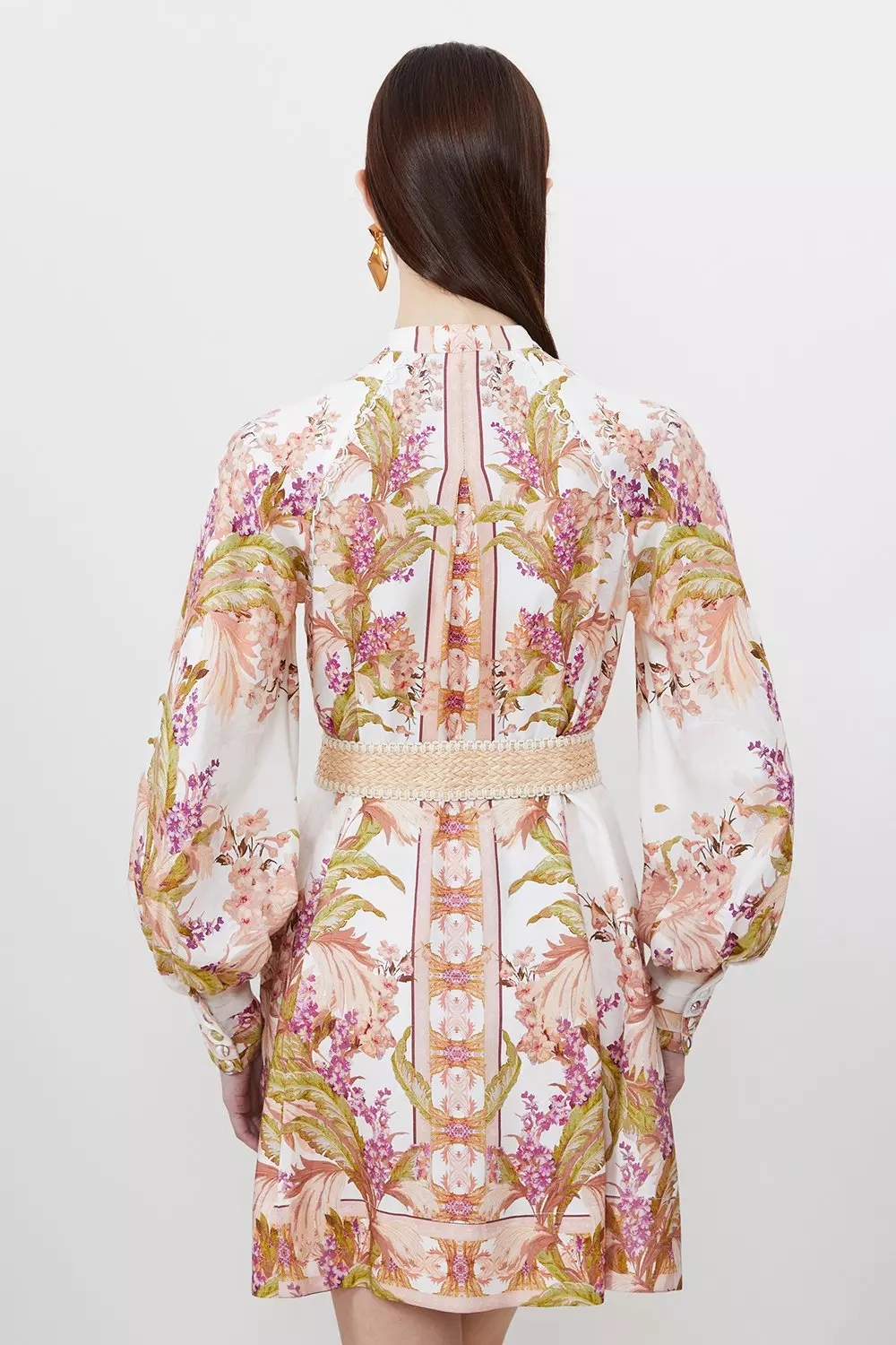 Mirrored Floral Viscose Linen Mini Dress | Karen Millen