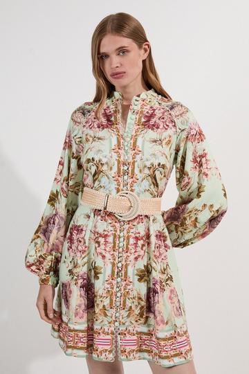 Mirrored Floral Viscose Linen Mini Dress sage