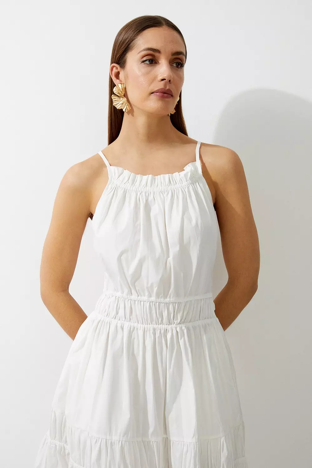 Petite Cotton Woven Shirred Tiered Maxi Dress | Karen Millen