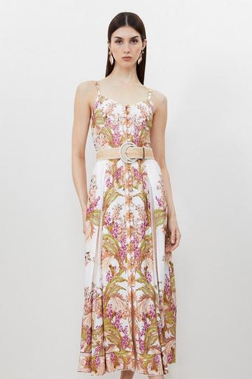 Multi Mirrored Floral Viscose Linen Strappy Midaxi Dress