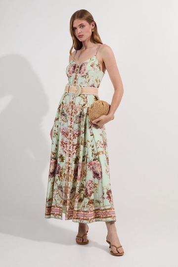 Mirrored Floral Viscose Linen Strappy Maxi Dress sage