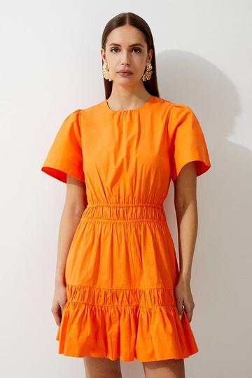 Cotton Woven Shirred Short Sleeve Mini Dress orange
