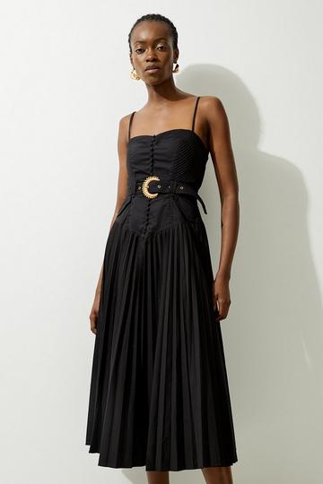 Black Button Detail Strappy Woven Midi Dress