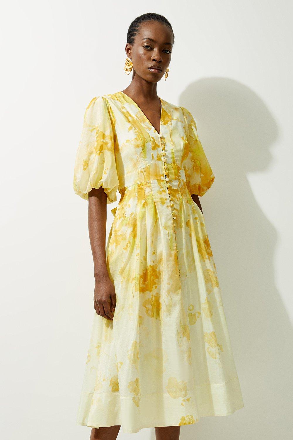 Silk Cotton Trailing Floral Puff Sleeve Midi Dress | Karen Millen