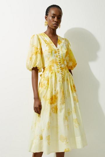 Yellow Silk Cotton Trailing Floral Puff Sleeve Midi Dress