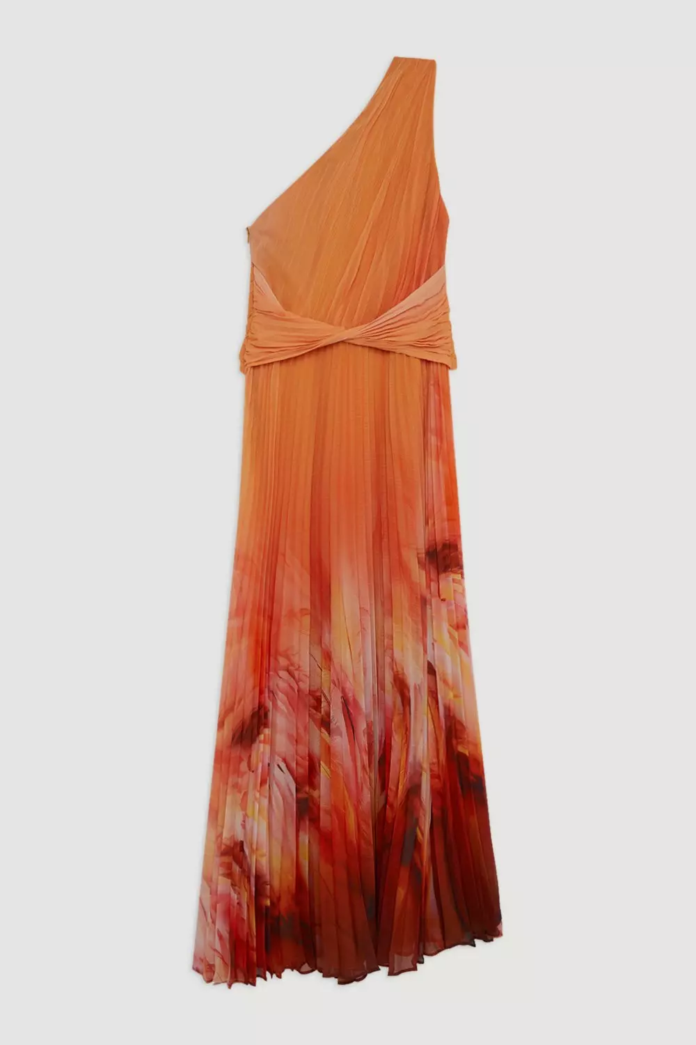 Feather Border Print Soft Pleated One Shoulder Midaxi Dress