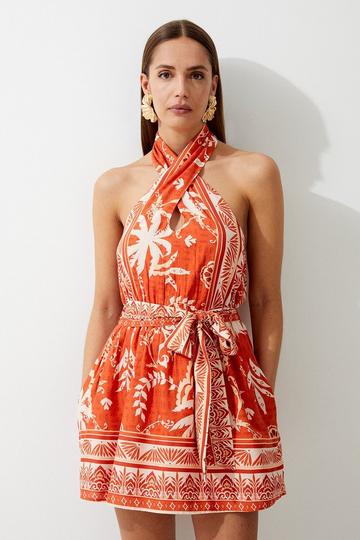 Orange Printed Viscose Cross Body Woven Mini Dress