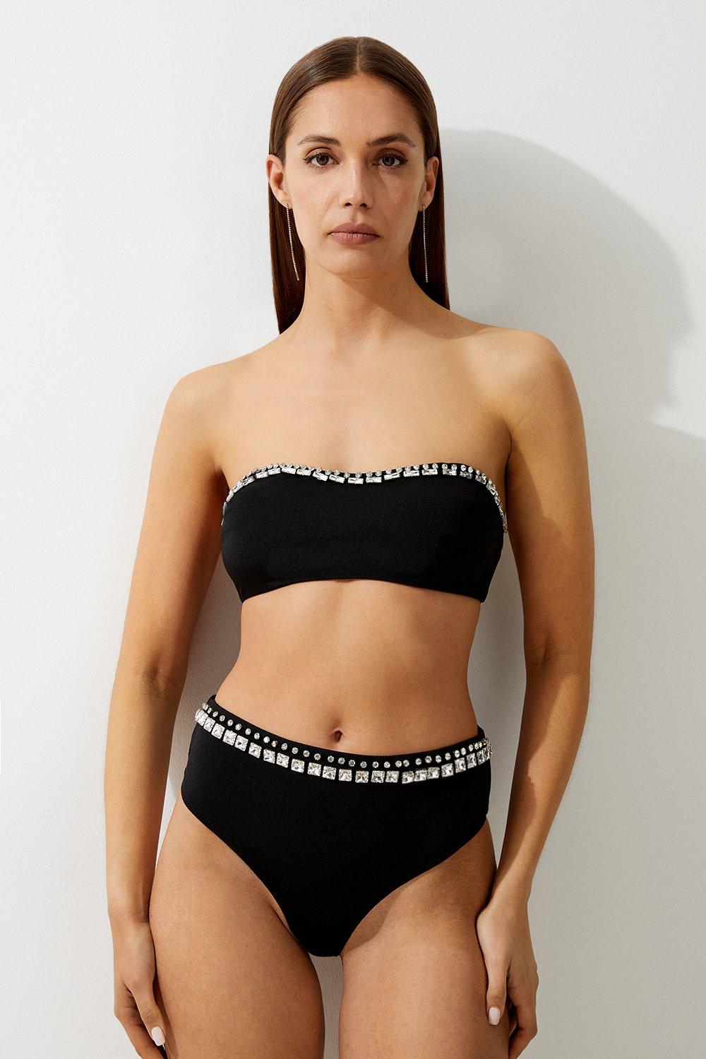 Black Premium Embellished High Waist Bikini Bottoms