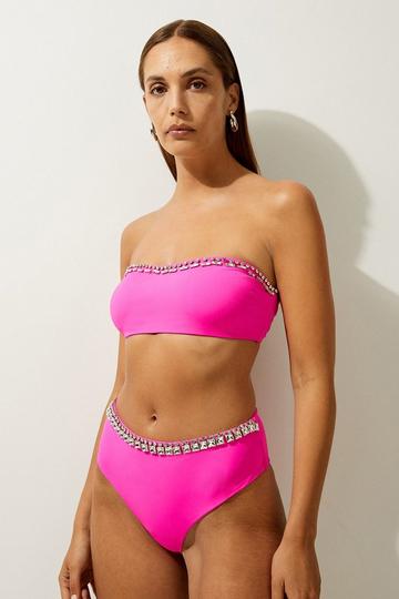 Pink Premium Embellished High Waist Bikini Bottoms