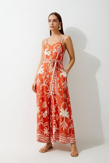 Printed Viscose Woven Tie Waist Wide Leg Jumpsuit orange