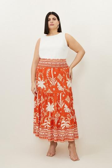 Orange Plus Size Printed Viscose Woven Maxi Skirt