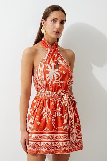 Orange Tall Printed Viscose Cross Body Woven Mini Dress