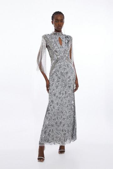 Petite Embellished Beaded Cap Sleeve Woven Maxi Dress silver