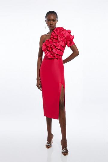 Pink Metallic Taffeta Rosette Maxi Bardot Dress