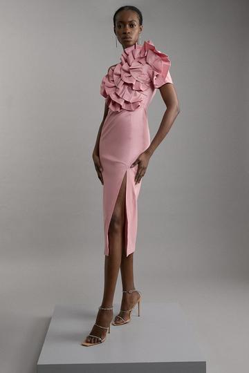 Metallic Taffeta Rosette Midi Off The Shoulder Dress pale pink