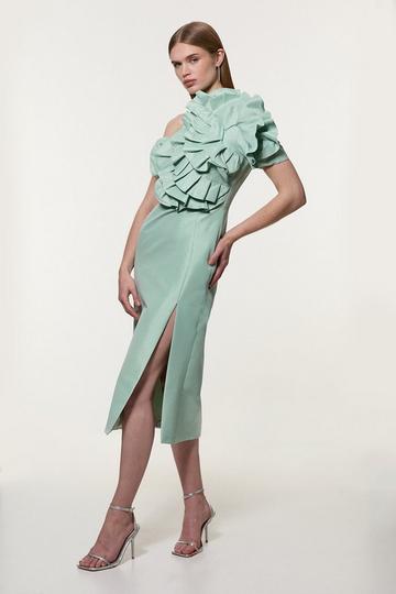 Metallic Taffeta Rosette Maxi Bardot Dress sage