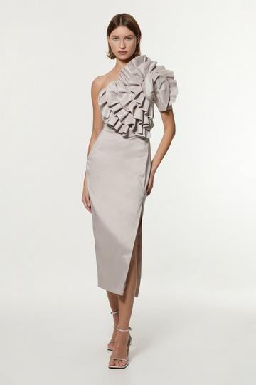 Silver Metallic Taffeta Rosette Maxi Bardot Dress