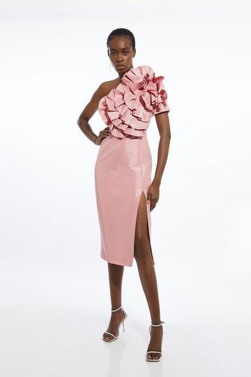 Petite Metallic Taffeta Rosette Maxi Bardot Dress pink