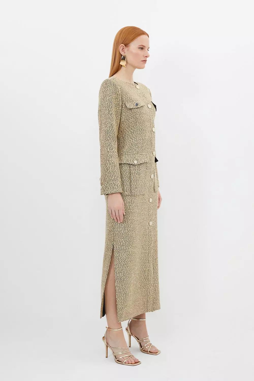 Tailored Boucle Pocket Detail Long Sleeve Midi Dress | Karen