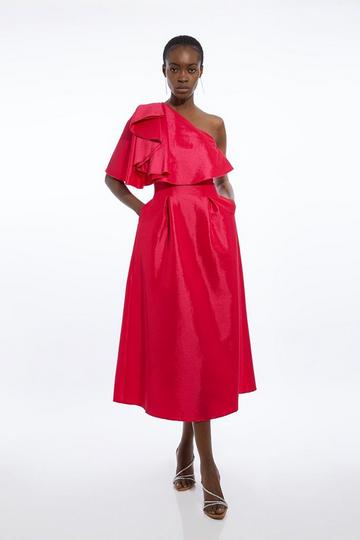 Pink Taffeta One Shoulder Ruffle Midi Dress