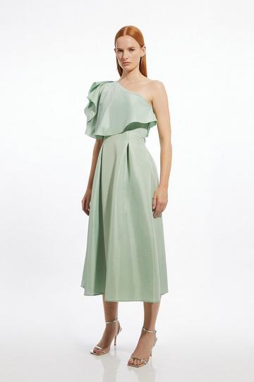 Taffeta One Shoulder Ruffle Midi Dress sage