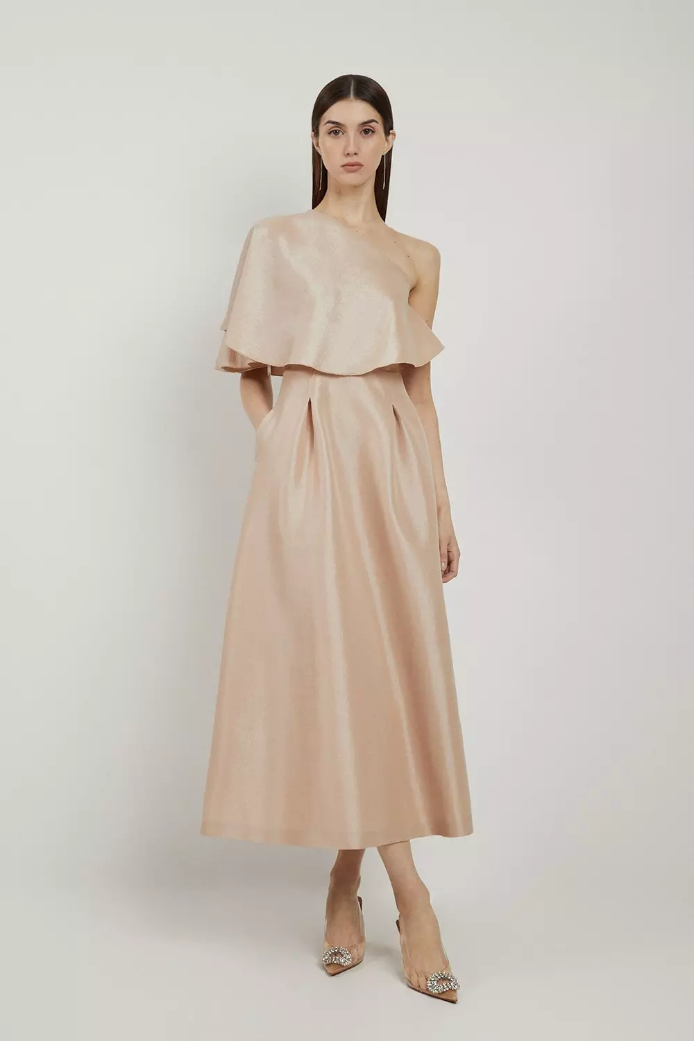 Champagne Metallic Taffeta One Shoulder Ruffle Midi Dress  alternative image