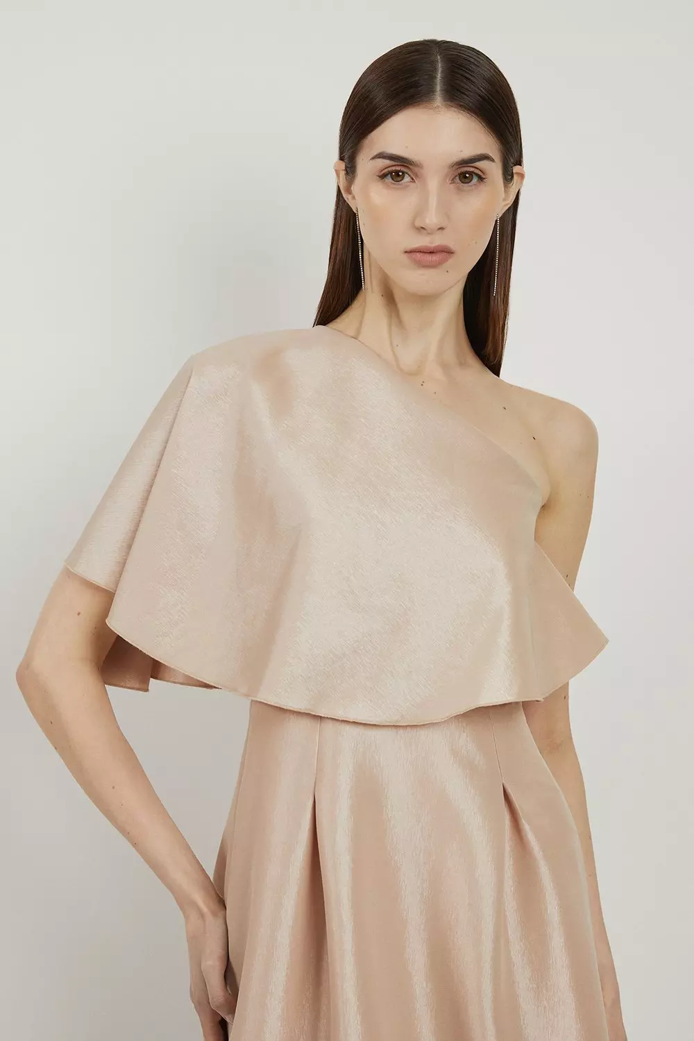 Champagne Metallic Taffeta One Shoulder Ruffle Midi Dress  alternative image