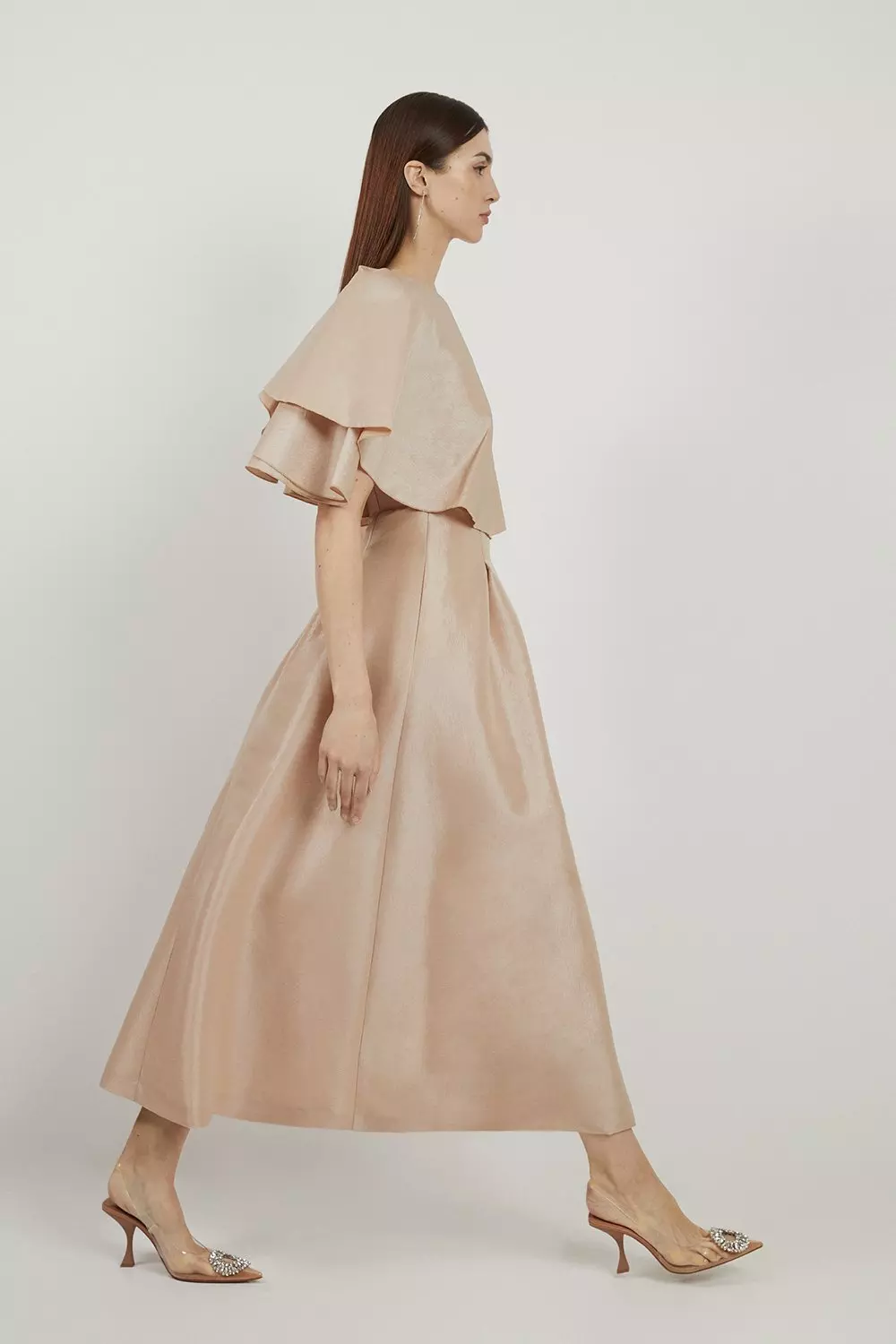 Champagne Metallic Taffeta One Shoulder Ruffle Midi Dress  alternative image