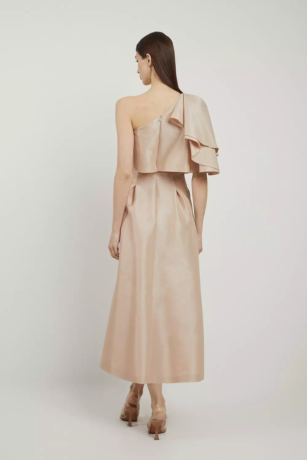 Champagne Metallic Taffeta One Shoulder Ruffle Midi Dress  alternative image