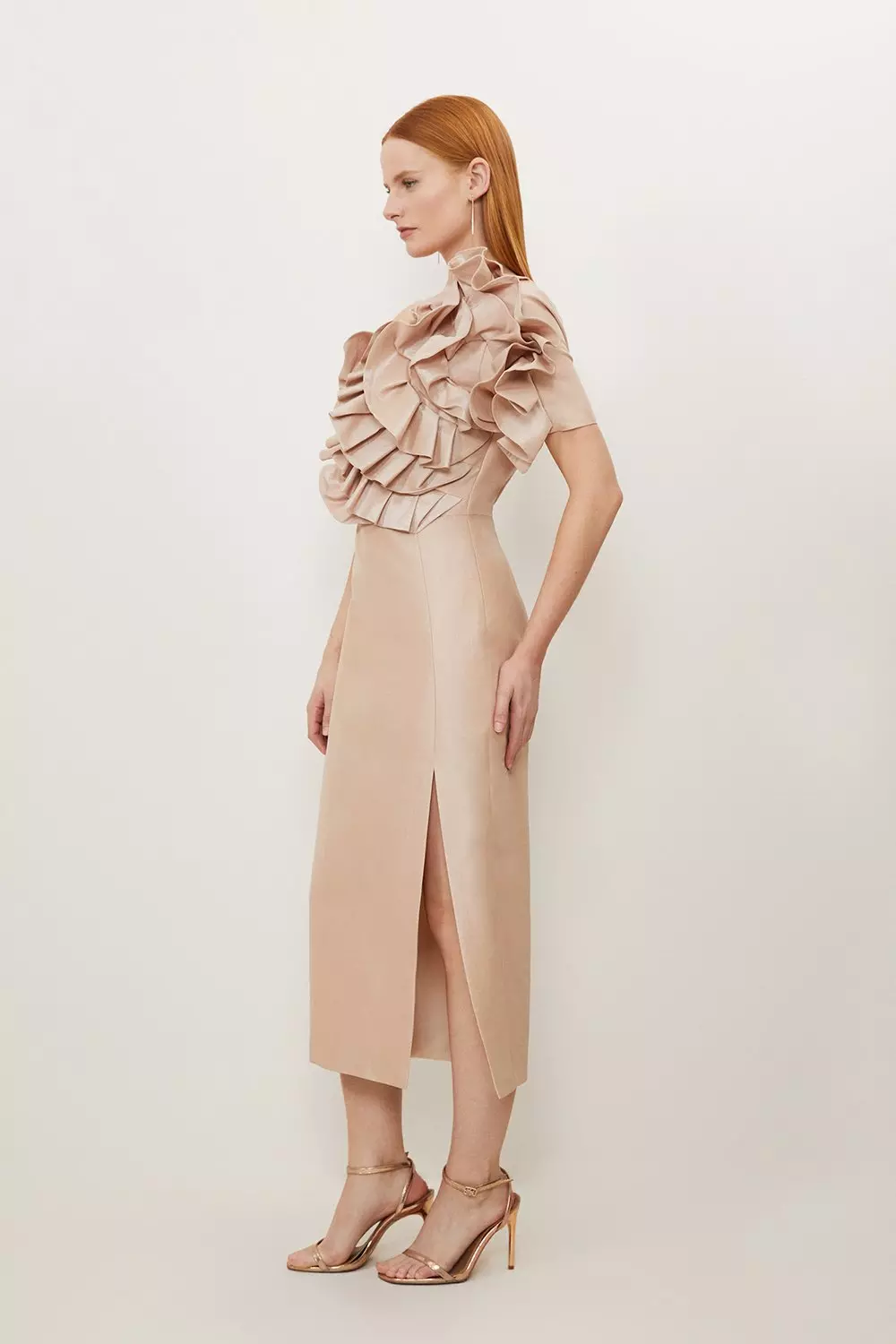 【Karen Millen】テクノコットン ディテールマキシ ワンピース Tall Metallic Taffeta Rosette Midi Off The Shoulder Dress