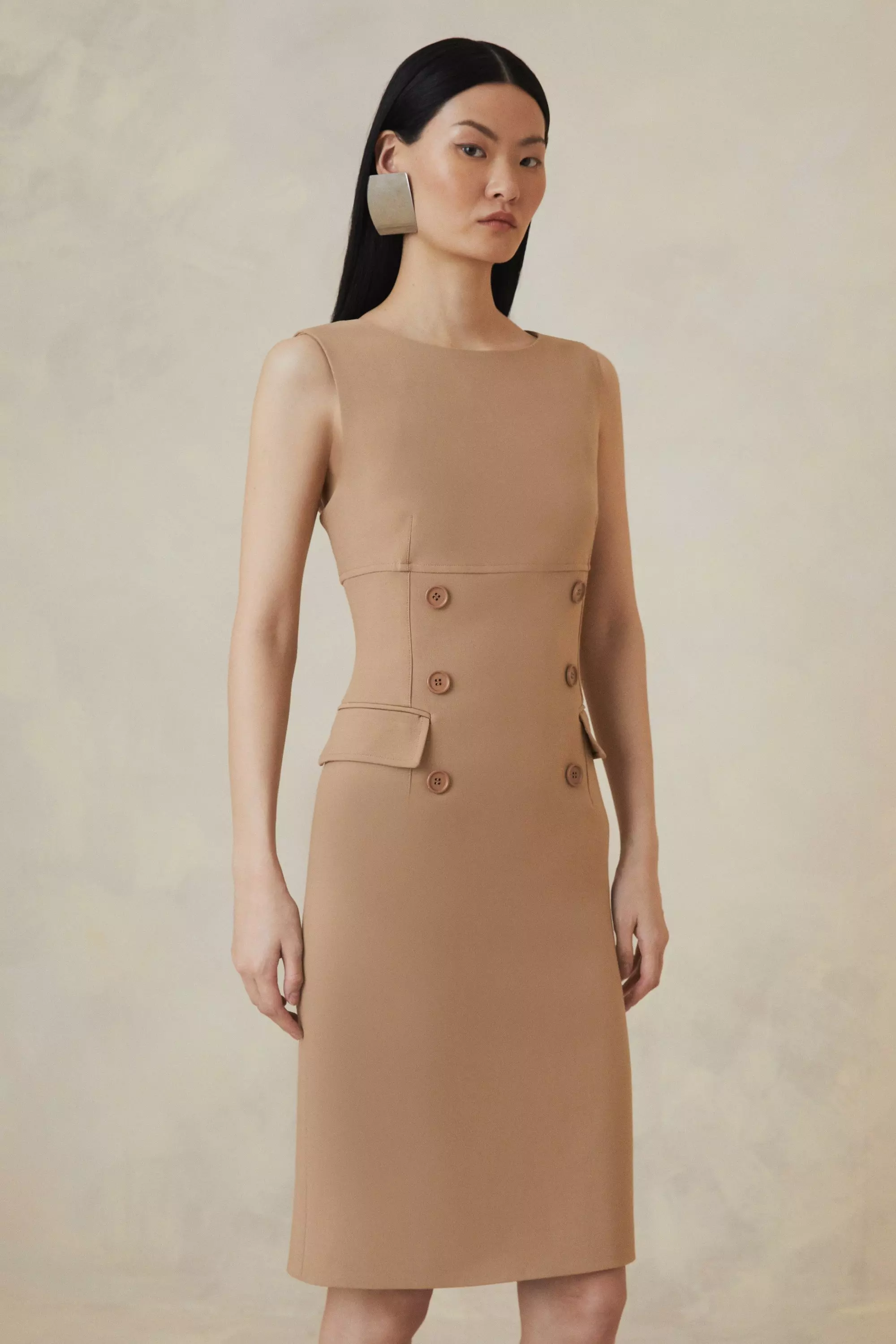 The Founder Compact Stretch Button Detail Woven Midi Dress Karen Millen