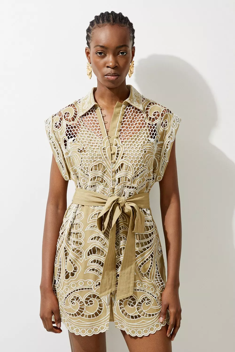 Petite Linen Cutwork Embroidery Woven Mini Dress | Karen Millen