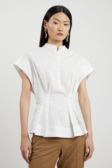 Poplin Cap Sleeve Buttoned Pintuck Woven Shirt white