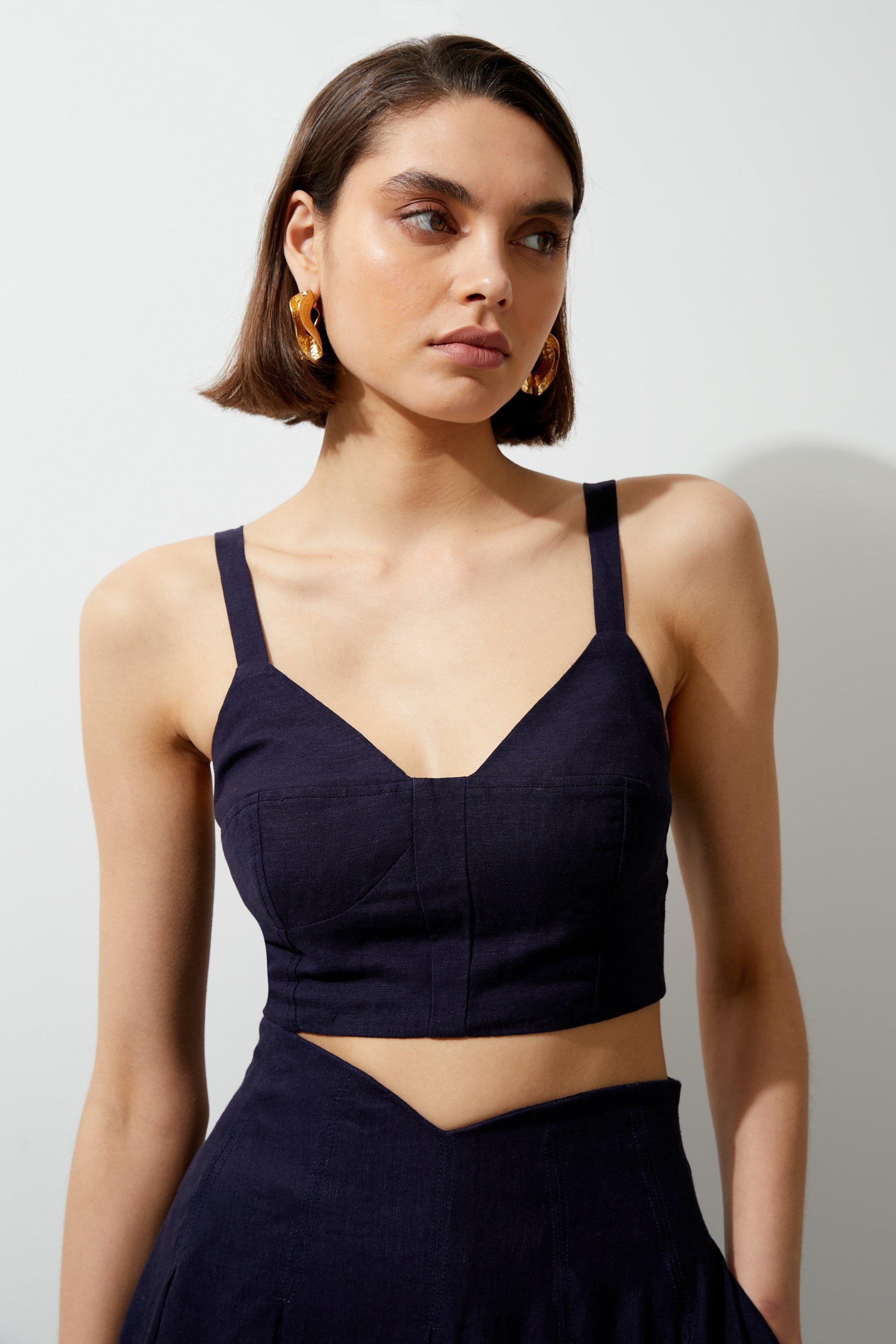 Navy Viscose Linen Woven Corset Top