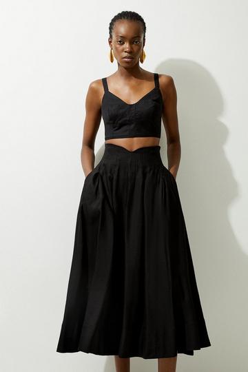 Black Viscose Linen High Waisted Woven Midaxi Skirt