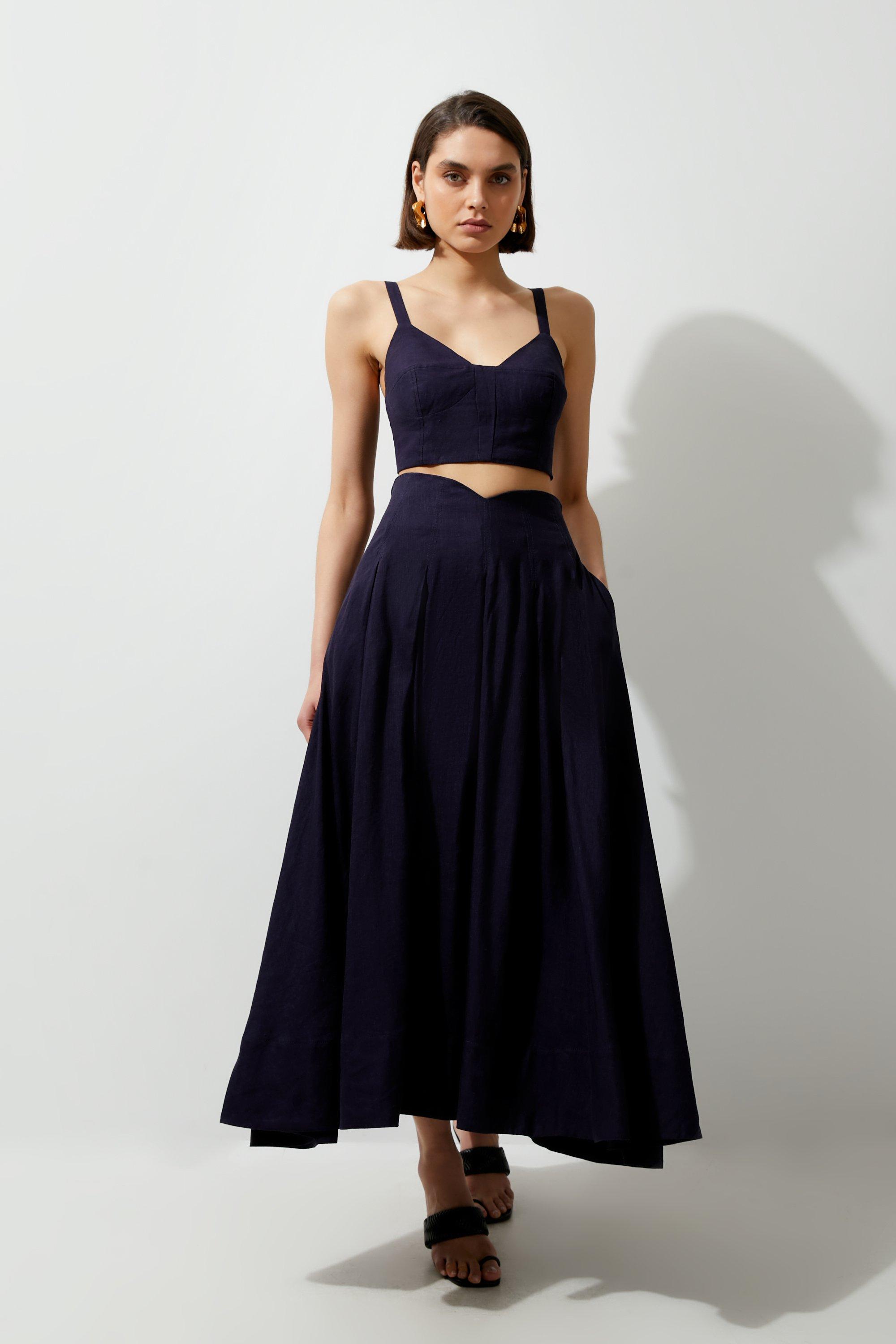 Navy Viscose Linen High Waisted Woven Midaxi Skirt