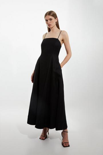 Viscose Linen Woven Strappy Maxi Dress black