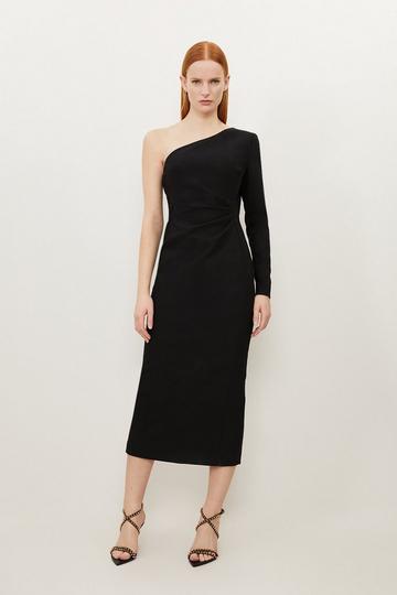 Clean Tailored One Shoulder Ruched Waist Midi Dress black