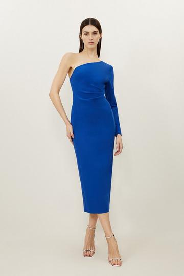 Cobalt Blue Clean Tailored One Shoulder Ruched Waist Midi Dress