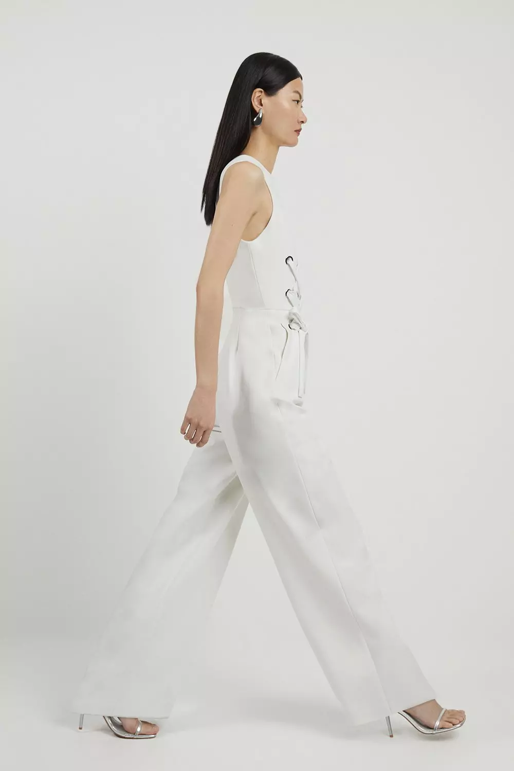 Compact Stretch Eyelet Detailed Ribbon Jumpsuit | Karen Millen